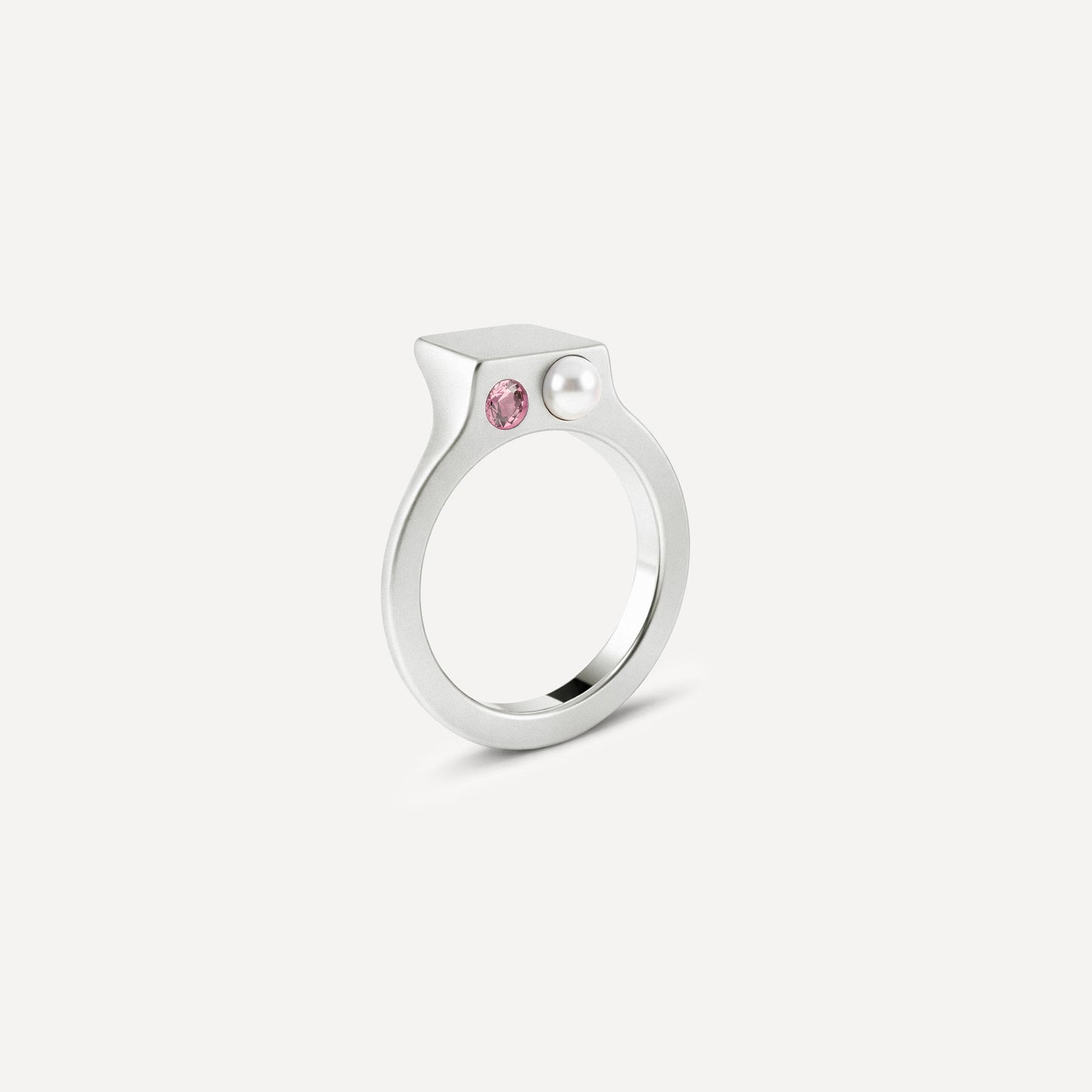 Silver signet open ring with a pearl and pink Tourmaline on the side. 