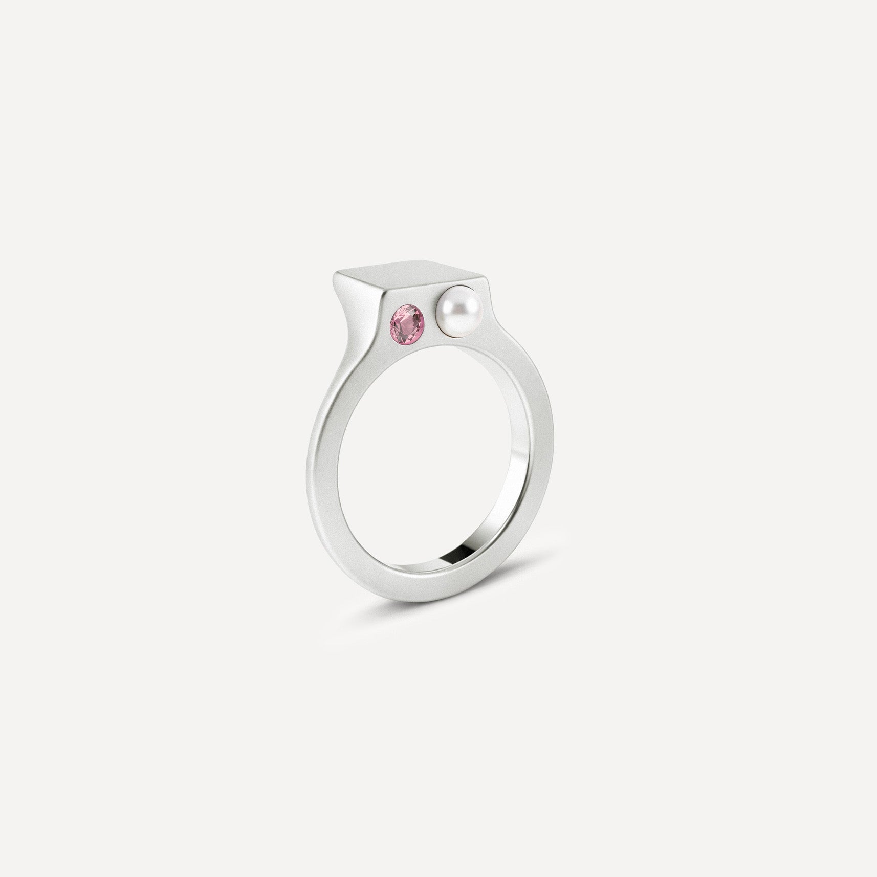 Silver signet open ring with a pearl and pink Tourmaline on the side. 