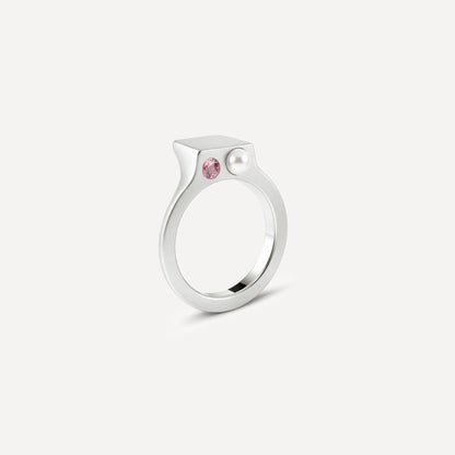 Silver signet open ring with a pearl and pink Tourmaline on the side. 