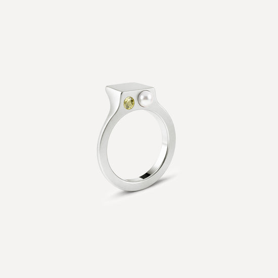 Silver signet open ring with a pearl and Yellow Sapphire on the side. 