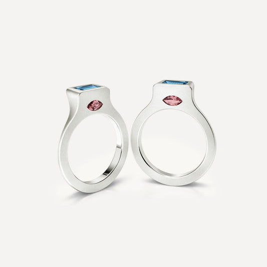 Silver signet ring with Blue Topaz and Rose Tourmaline in 2 halves of the ring. 