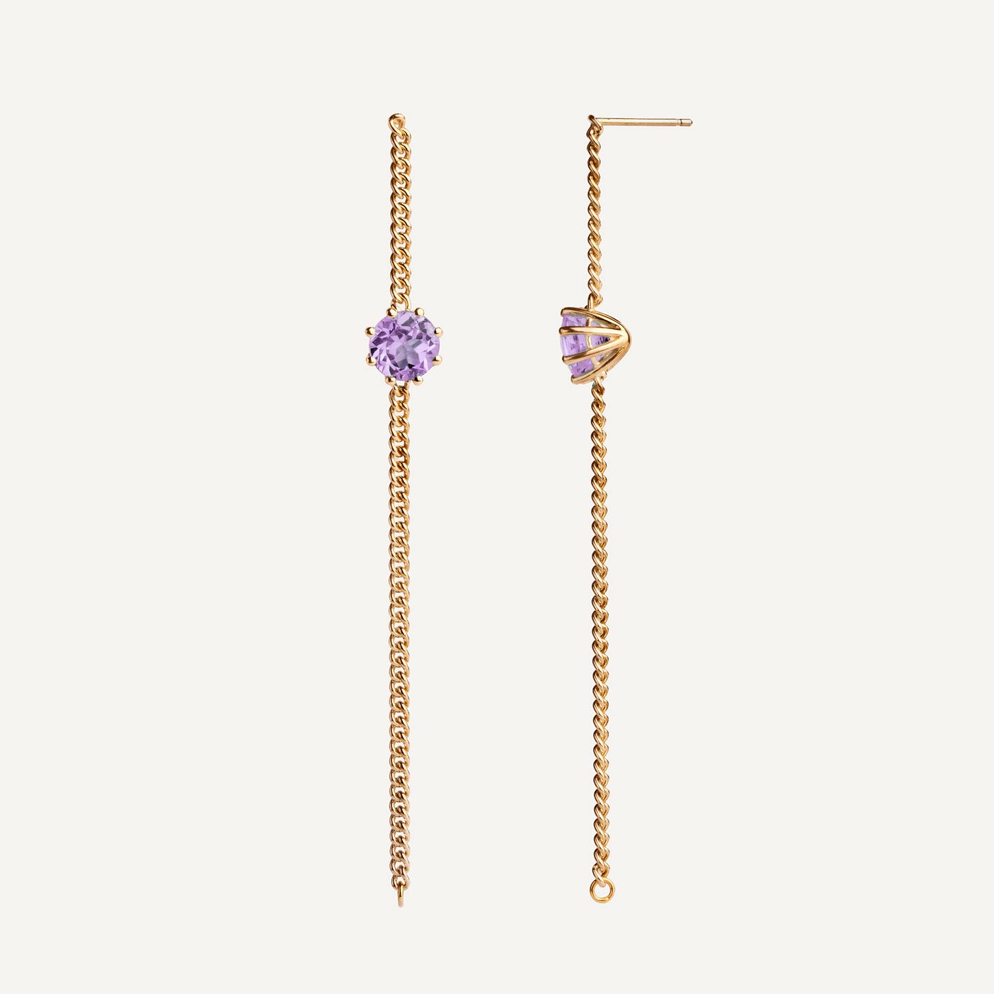 A pair of long chain earrings of violet Amethyst gemstone made of 18k yellow gold plated silver. Handmade in Barcelona. 