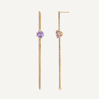 A pair of long chain earrings of violet Amethyst gemstone made of 18k yellow gold plated silver. Handmade in Barcelona. 