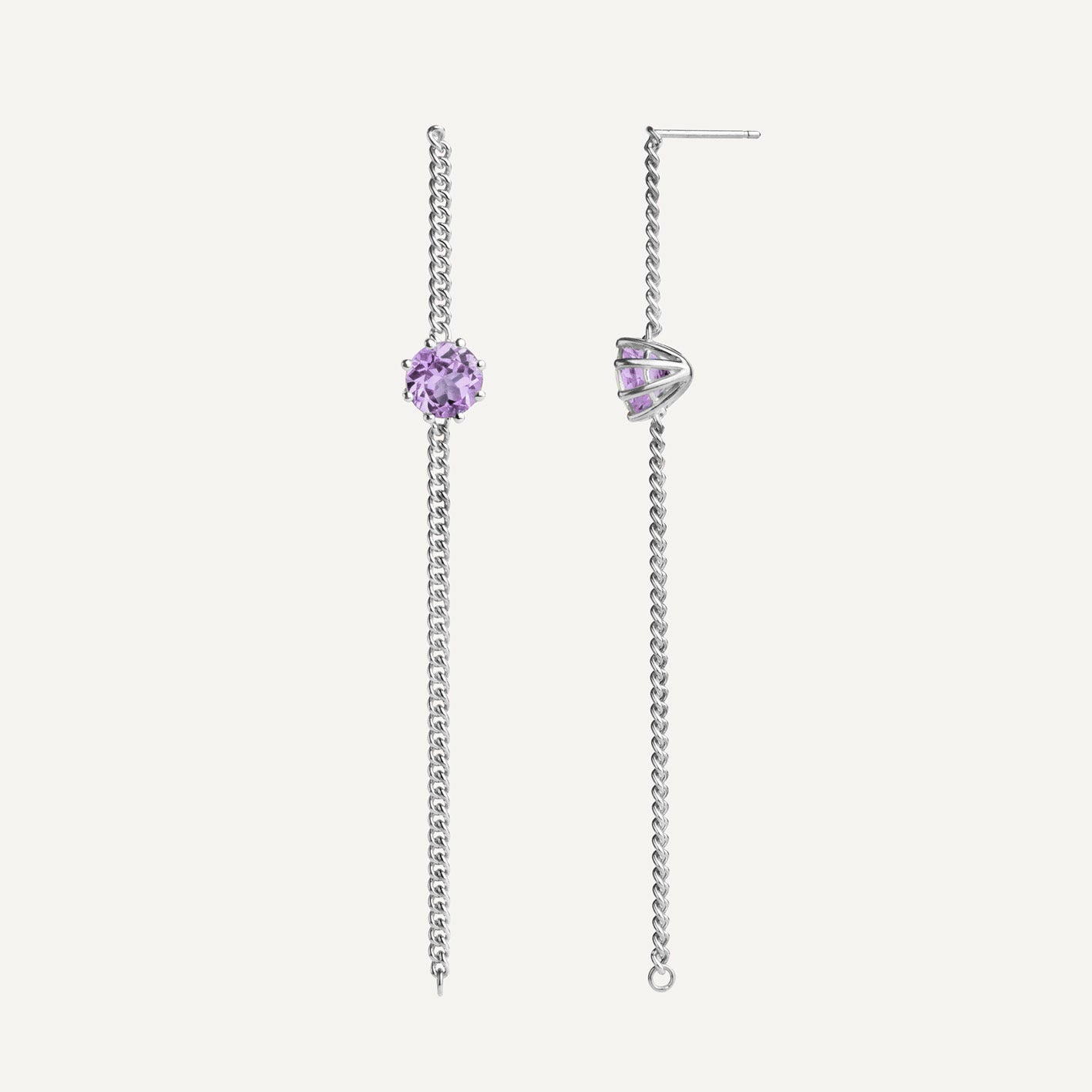A pair of long chain earrings of violet Amethyst gemstone made of silver. Handmade in Barcelona. 