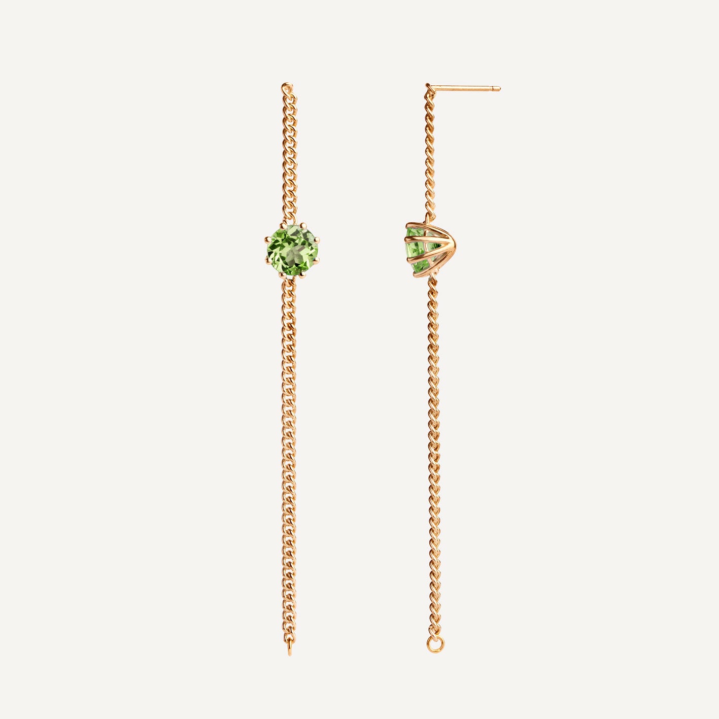 A pair of long chain earrings of green Peridot gemstone made of 18k yellow gold plated silver. Handmade in Barcelona. 
