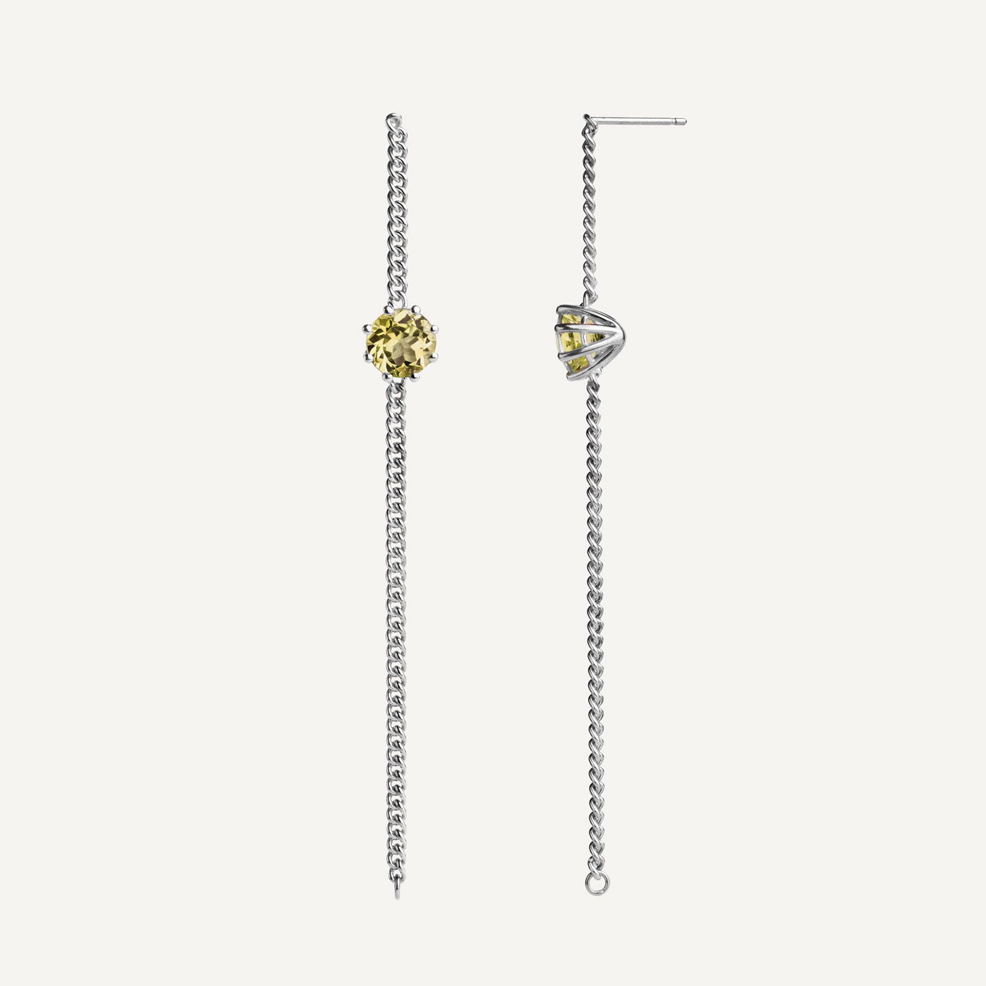 A pair of long chain earrings of lemon yellow Citrine gemstone made of silver. Handmade in Barcelona. 