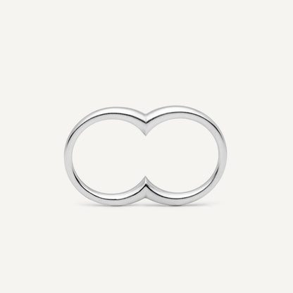 A silver ring with a double circle design for two fingers.