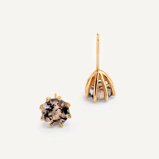 A pair of 18k yellow gold plated silver earrings featuring Smoky Quartz, designed to be worn every day. Handmade in Barcelona. 