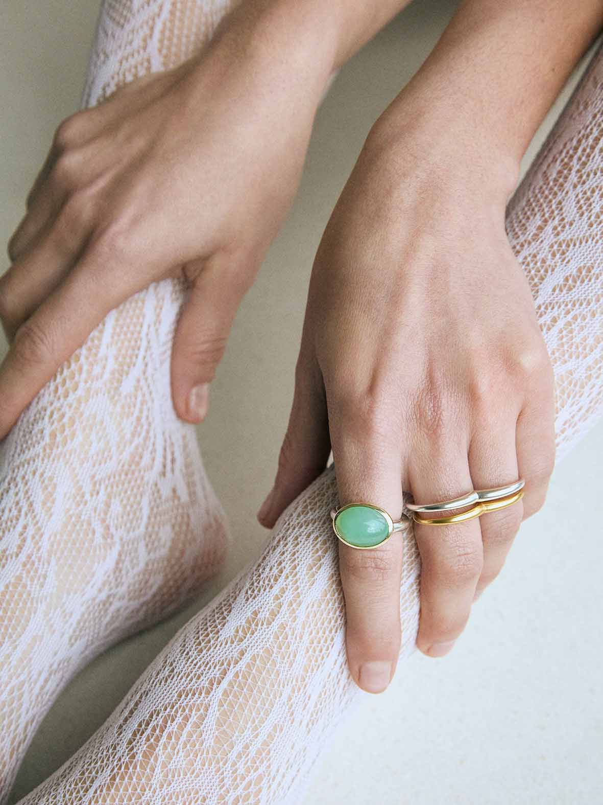 For this precious ring, I first found the gemstone — and only then made the ring. It consists out of soft, round shapes without sharp corners. The stone is set in warm 14K gold, giving it a quiet contrast I really like. Handmade piece of jewelry.