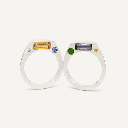 This silver signet ring is made of 2 parts. When it’s closed, it looks as if nothing’s happening. But when you open it — surprise — a hidden garden of gemstones inside. 